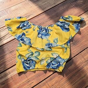 SHEIN Yellow Off-Shoulder Ruffled Crop Top With Blue Roses. Size 155-12/14.